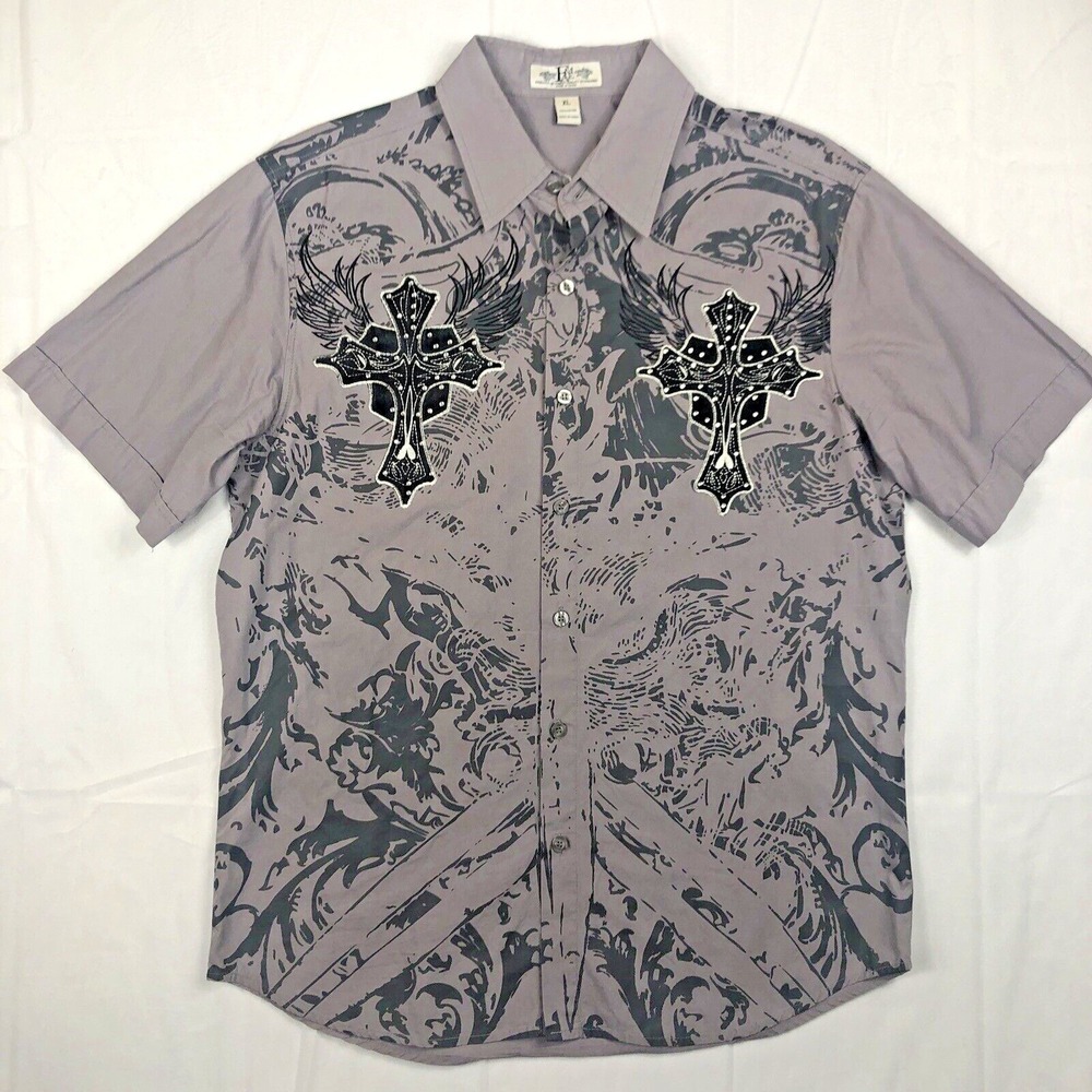 Fame Men's Shirt Gray Cross Wings Stones Embellished Button Up Short Sleeve XL‎